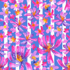 Seamless pattern of watercolor colorful bright pink flowers, stripes. Hand drawn illustration. Hand painted elements on blue background. For prints, wrapping, fabric design, packaging, wallpaper.