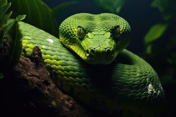 A green venomous snake on a tree