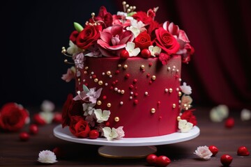 Beautiful red cake decorated with flowers