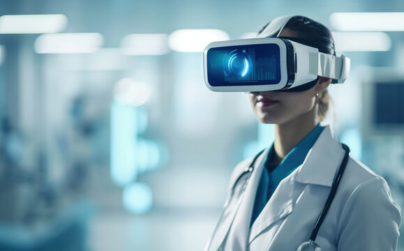 Portrait of a female doctor Wearing VR glasses, concept of treatment with VR technology, modern technology, medical