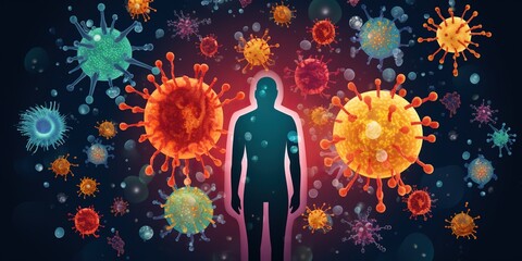 Graphic depiction of the human immune system featuring vibrant cells, antibodies, and pathogens , concept of Health and disease - obrazy, fototapety, plakaty
