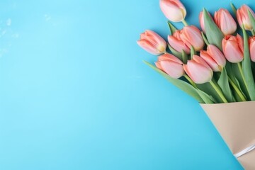 Bouquet of tulips on a blue background - obrazy, fototapety, plakaty