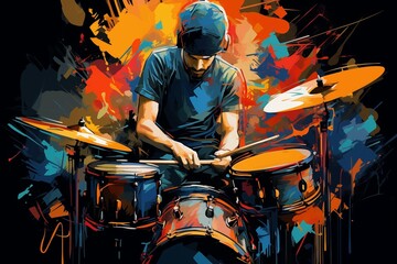 Fototapeta na wymiar Abstract and colorful illustration of a man playing drums on a black background