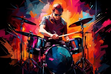 Fototapeta na wymiar Abstract and colorful illustration of a man playing drums on a black background
