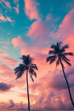 palm trees at sunset on the beach, in blue-pink colors