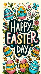 colorful designs for "Happy Easter Day" with a hand-drawn aesthetic. Each features traditional Easter elements like eggs, bunnies, and spring flowers in a charming greeting card clipart