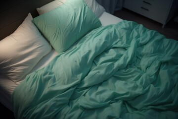 Rumpled mint-colored bed on the bed
