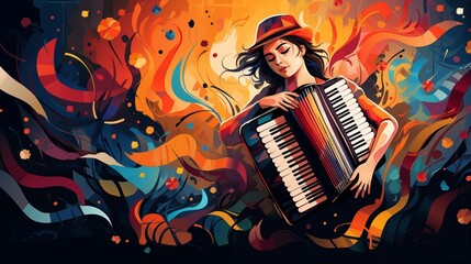 Abstract and colorful illustration of a woman playing accordion on a black background - obrazy, fototapety, plakaty