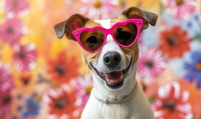Happy Jack Russell Terrier Dog wearing pink heart-shaped sunglasses on a floral background. Spring. - obrazy, fototapety, plakaty