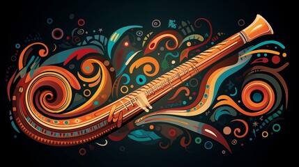 Abstract and colorful illustration of a didgeridoo on a black background
