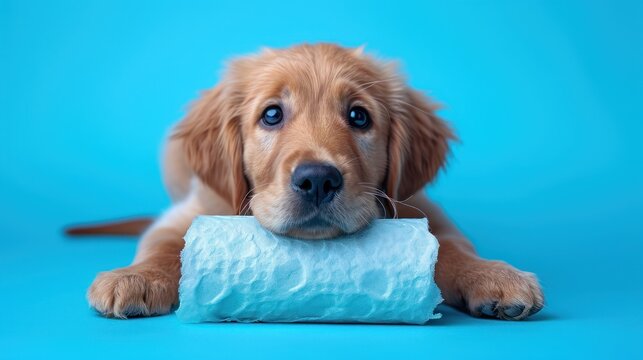  A Close Up Of A Dog Holding A Roll Of Toilet Paper In It's Mouth And Looking At The Camera With A Sad Look On It's Face.