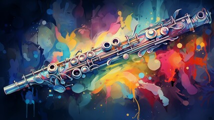 Abstract and colorful illustration of a flute on a black background - obrazy, fototapety, plakaty