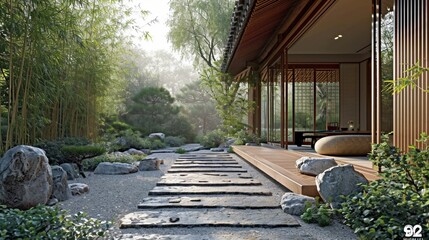A Japanese-inspired Zen retreat, surrounded by a tranquil rock garden and bamboo groves, fostering serenity and balance.