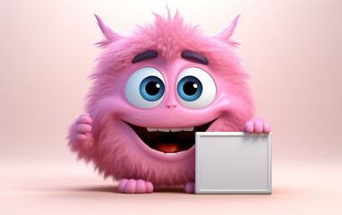 A cute little creature with a blank note for a message on a vibrant pink background. Copy space.
