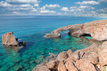 The bridge of love. Natural stone bridge near Ayia Napa on Cyprus. 
Mediterranean sea.
