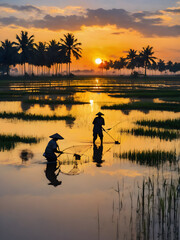 A silhouetted fisherman in a rice field during the flood season in the Mekong Delta, Vietnam with a net poised to catch fish, against a backdrop of golden palm trees 