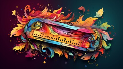 Abstract and colorful illustration of a harmonica with leaves around it on a colorful background - obrazy, fototapety, plakaty