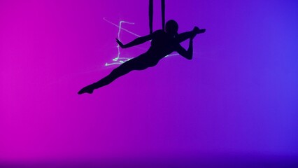 Female gymnast isolated on pink blue neon studio background. Girl aerial dancer balancing on gymnastic trapeze with straps.