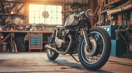 Retro stylish vintage bike in repair garage - obrazy, fototapety, plakaty