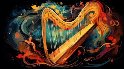 Abstract and colorful illustration of a harp on a black background