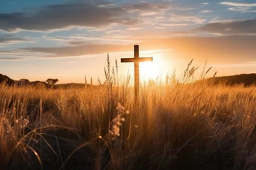 Poster Silhouette jesus christ crucifix on cross on calvary sunset background concept for good friday he is risen in easter day, good friday jesus death on crucifix, world christian and holy spirit religious © Art Stocker