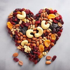 Dried fruits and nuts, laid out in the shape of a heart on lihgt background . Concept of the Jewish holiday Tu Bishvat