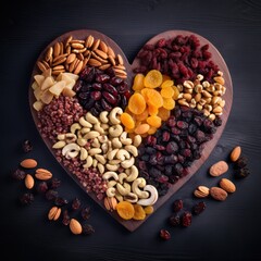 Dried fruits and nuts, laid out in the shape of a heart on dark background . Concept of the Jewish holiday Tu Bishvat.