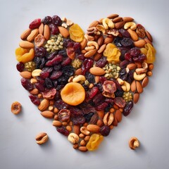Dried fruits and nuts, laid out in the shape of a heart on lihgt background . Concept of the Jewish holiday Tu Bishvat