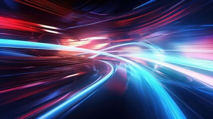 A dynamic abstract of streaking neon lights in red and blue, capturing the energy and movement of futuristic light streams.
