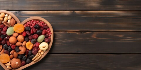 Dried fruits and nuts, laid out in the shape of a heart on wooden dark background . Concept of the Jewish holiday Tu Bishvat. Banner