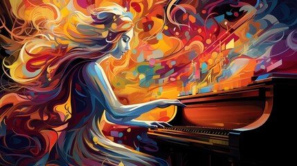 Abstract illustration of a woman playing piano on a colorful background