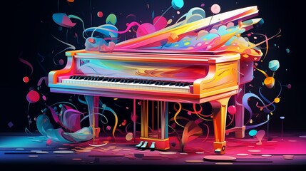 Abstract and colorful illustration of a piano on a black background - obrazy, fototapety, plakaty