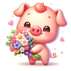 Cute pig with flower bouquet cartoon, Pig holding flowers 3D inflate illustration, Pig holding bouquet premium illustration