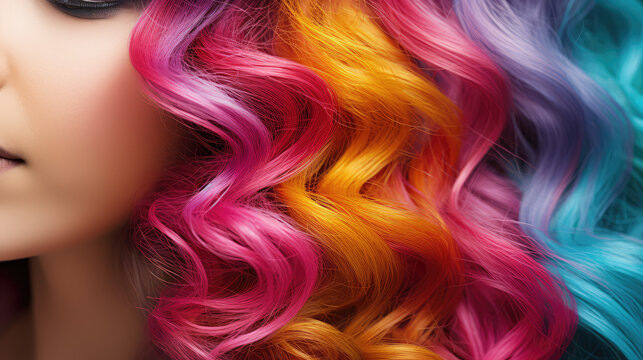 Closeup cropped image of bunch of shiny curls rainbow colors hair. Creative female coloring, bright straight pigments for toning hair.