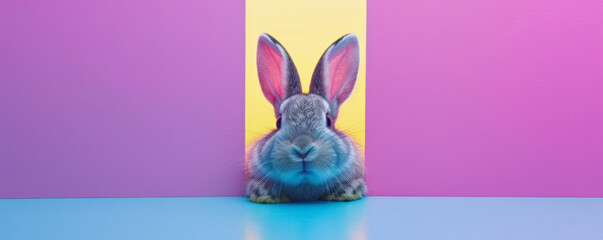 Creative composition in bright pastel colors with an adorable Easter Bunny. Spring holidays and Easter greeting card.