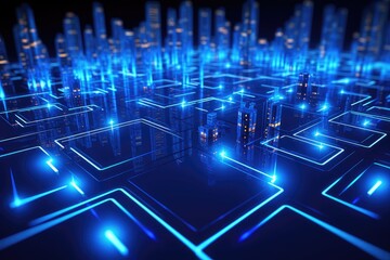 Obraz premium An expansive digital cityscape network glowing in neon blue, showcasing intricate details of an urban grid and futuristic architecture. 
