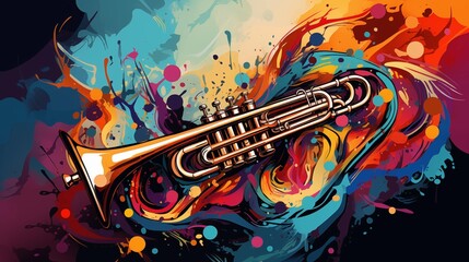 Abstract illustration of a trumpet on a colorful background - obrazy, fototapety, plakaty