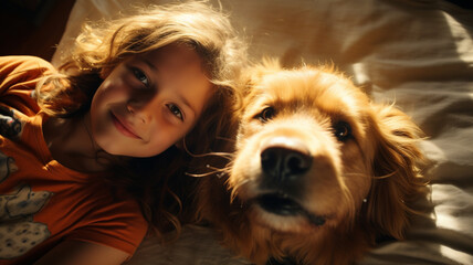 little girl reading a dog on the table at home