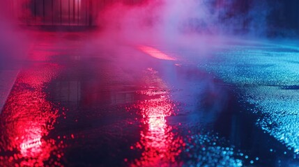 Wet asphalt, reflection of neon lights, a searchlight, smoke