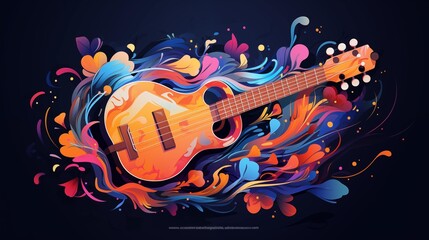 Abstract and colorful illustration of an ukulele on a black background