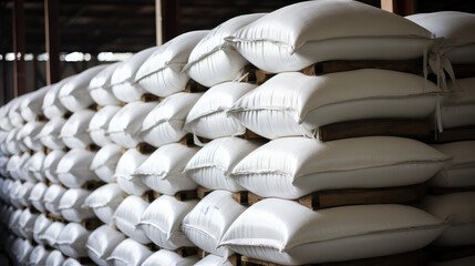 Fototapeta premium Close-up of a warehouse with bulk rice or sugar bags in a distribution center. White bag rice storage barn, bulk rice procurement, production and transportation of rice.