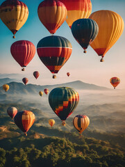Obraz premium Colorful hot air balloons flying over mountain