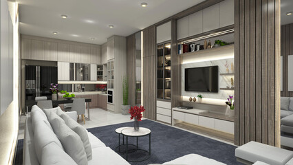 Luxury Interior Living Room Apartment Integrate with Kitchen Area