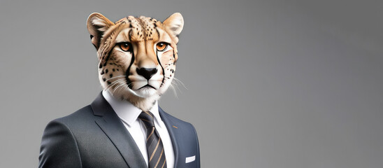 Anthropomorphic realistic cheetah director, boss in elegant business suit, white shirt and tie. Large portrait on blue background. Fantastic business concept. Commercial advertising banner. Close-up - obrazy, fototapety, plakaty