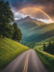 Amazing scene in summer mountains. Lush green grassy meadows in fantastic evening sunlight. Rural road and beautyful rainbow in dramatic sky.