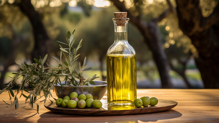 bottle of olive oil in the field