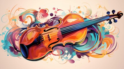 Abstract and colorful illustration of a violin on a cream background