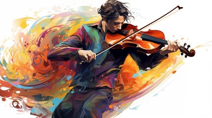 Abstract and colorful illustration of a man playing violin - obrazy, fototapety, plakaty