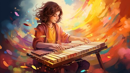 Abstract illustration of a girl playing xylophone on a colorful background - obrazy, fototapety, plakaty