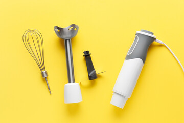 Electric blender on a yellow background. Top view. 